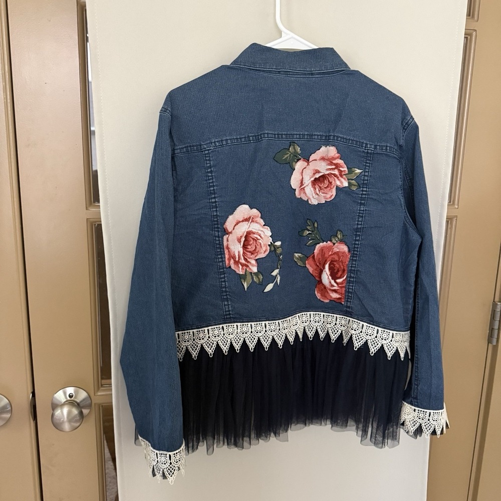 Philosophy Womens XL Blue Denim Floral Appliqué Tulle Denim Jacket - Picture 6 of 9